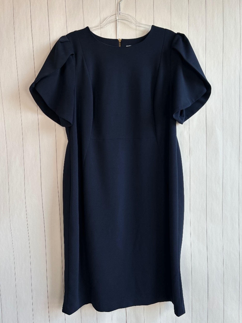 Calvin Klein plus size 18W sheath dress tulip sleeve navy crepe midi modest
